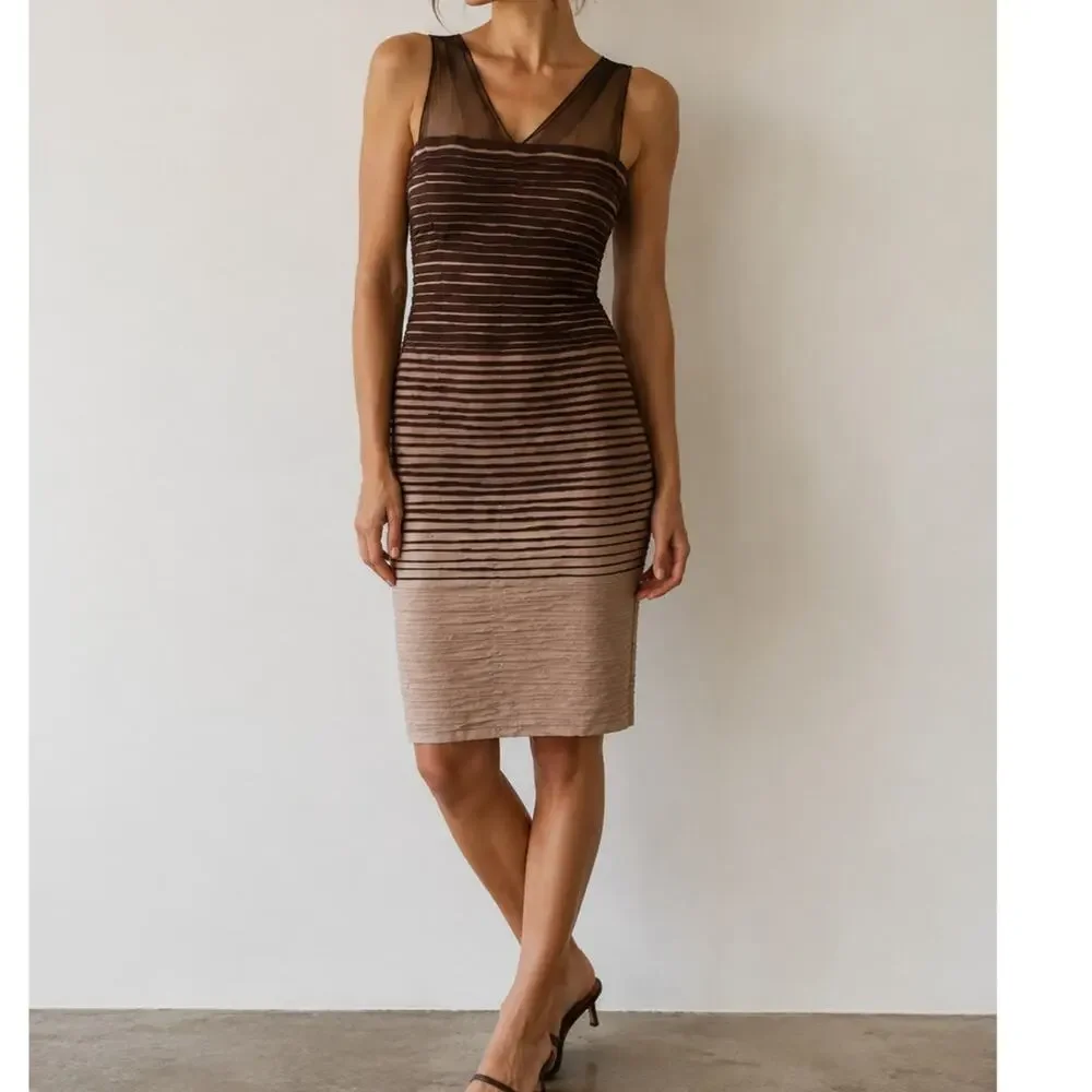 bcbgmaxazria brown dress The Fall 2025 collection channels the nocturnal energy of a city in fluxsaturated in deep crimsons, midnight blues, molten golds, and burnished metallics that catch and dissolve the light with each The center back zipper with hook BCBG Max Azria Silk Mesh